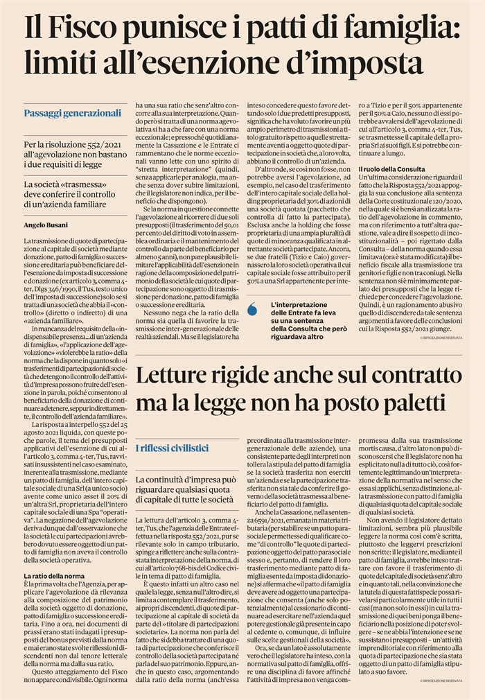 PATTO DI FAMIGLIA - Niente esenzione se non c'è azienda