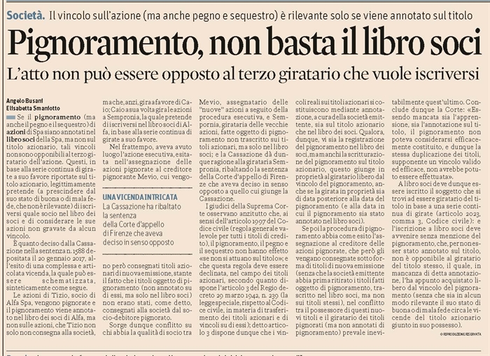 SOCIETA' - Vincoli sulle azioni non annotati sul titolo