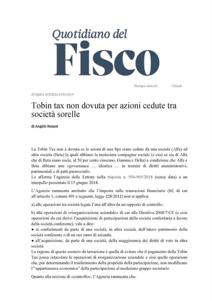 SOCIETA' - Tobin Tax non dovuta per le azioni cedute tra società 'sorelle'