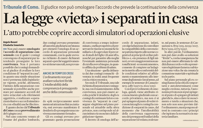 FAMIGLIA - Separazione coniugale e continuazione della convivenza