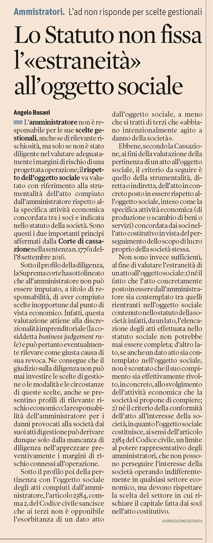 SOCIETA' - Responsabilità dell'amministratore per scelte gestionali rischiose