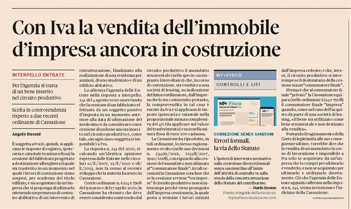 COMPRAVENDITA - Imponibile a Iva la cessione del fabbricato in costruzione