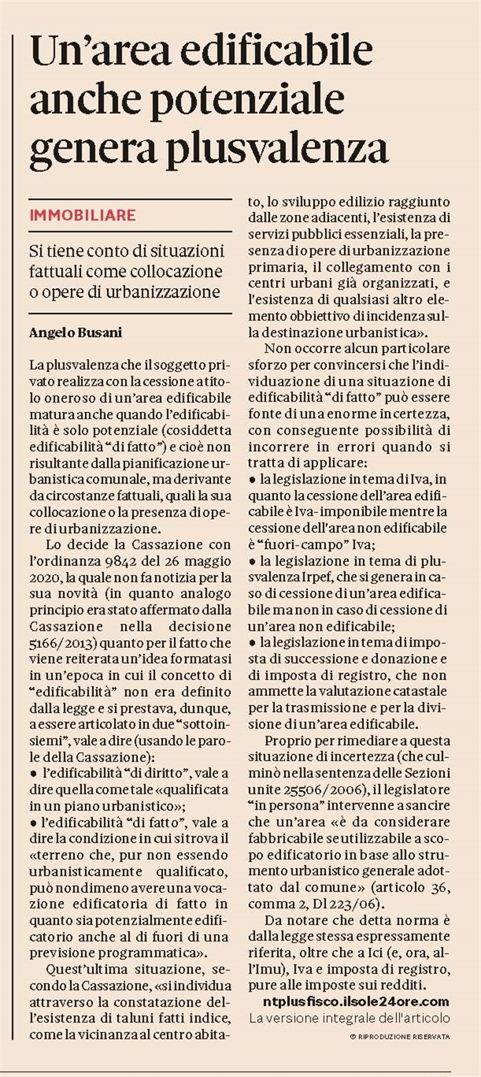 CESSIONE DI TERRENO - Anche l'edificabilità 'di fatto' produce plusvalenza