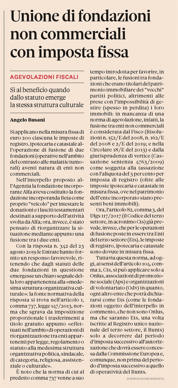 FUSIONE DI FONDAZIONI - Imposte fisse di registro e ipocatastale