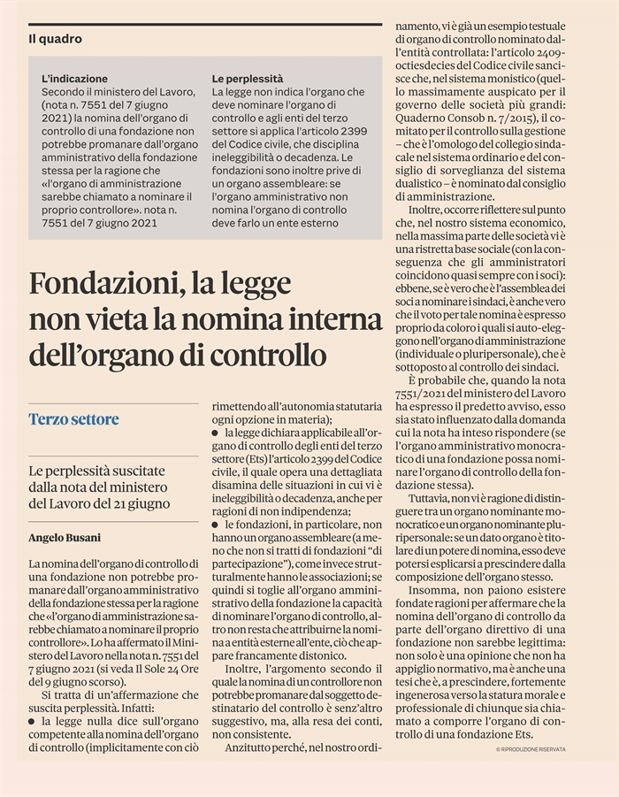 FONDAZIONI - La nomina dell'organo di controllo