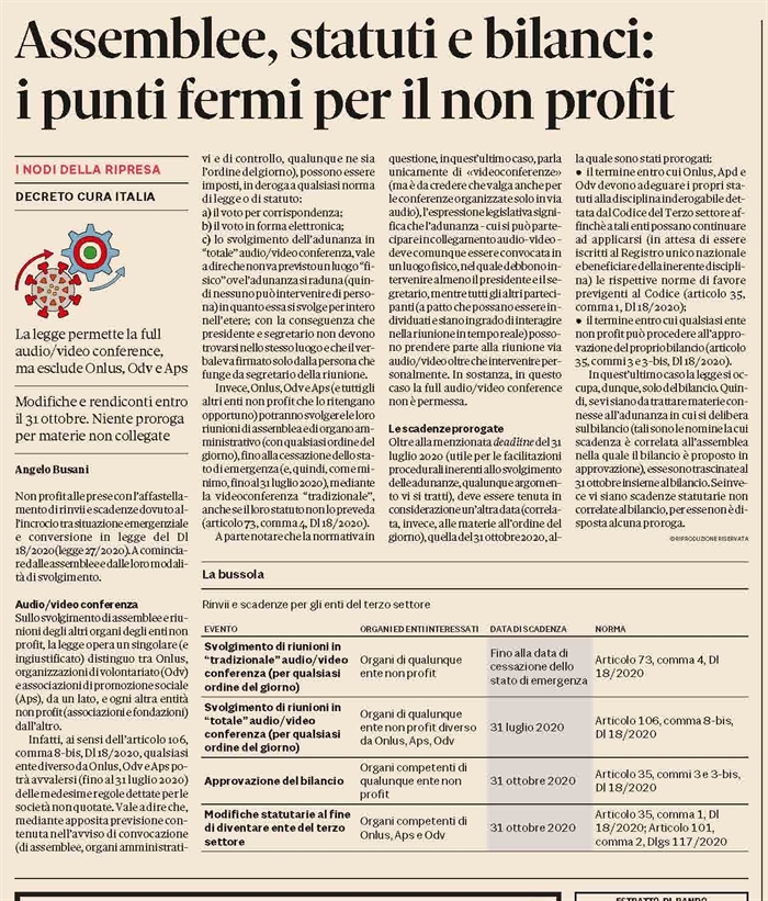 ENTI NON PROFIT - Le assemblee durante l'epidemia di Covid-19