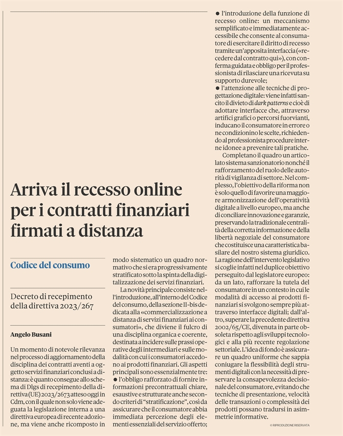 CONTRATTI FINANZIARI A DISTANZA - Recesso on line