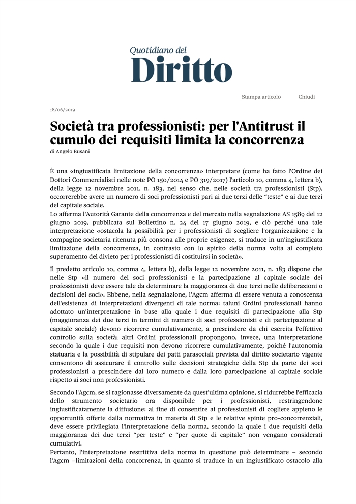 SOCIETA' TRA PROFESSIONISTI - Maggioranza dei soci professionisti per 2/3