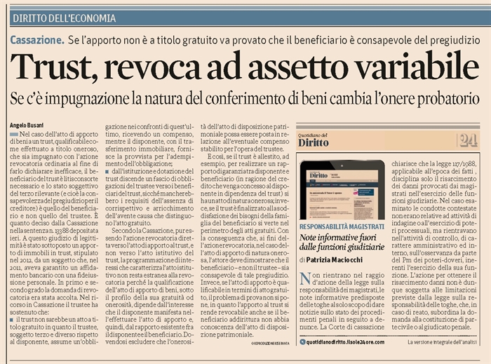 TRUST - Azione revocatoria contro l'atto di dotazione del trust