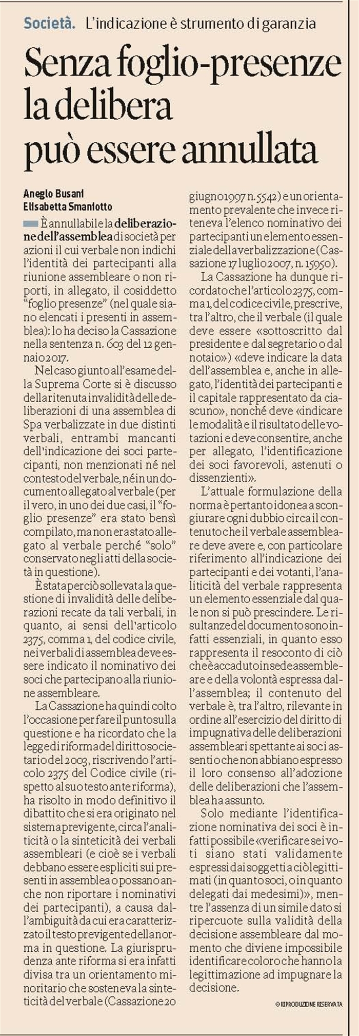 SOCIETA' - Annullabile la delibera assemblea se il verbale non indica i presenti