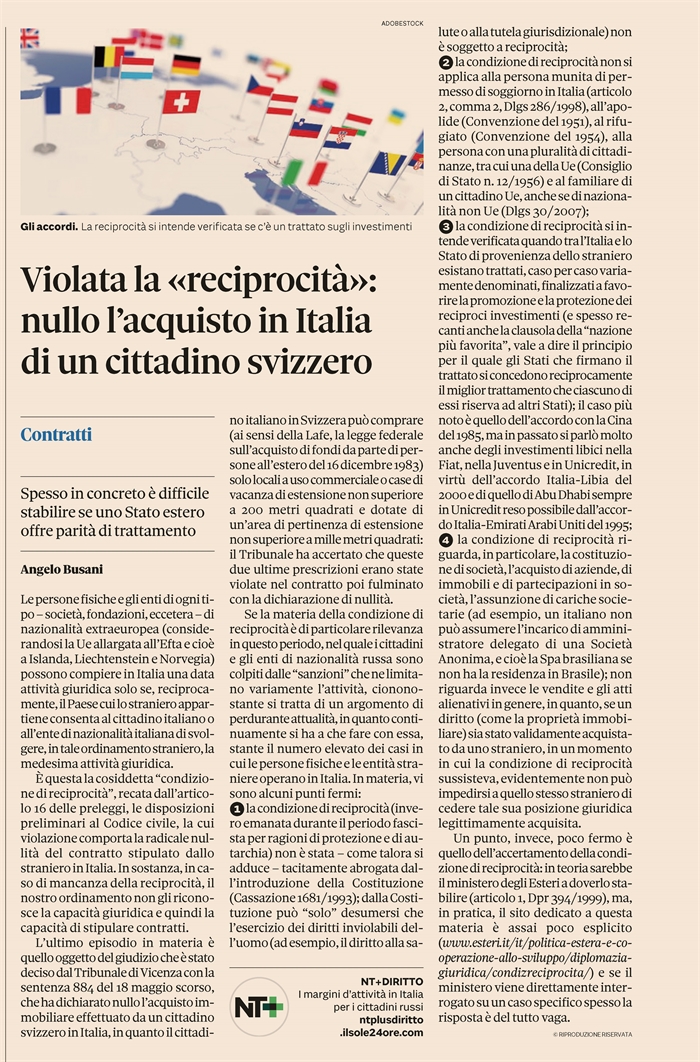 CONDIZIONE DI RECIPROCITA' - Rapporti Italia - Svizzera