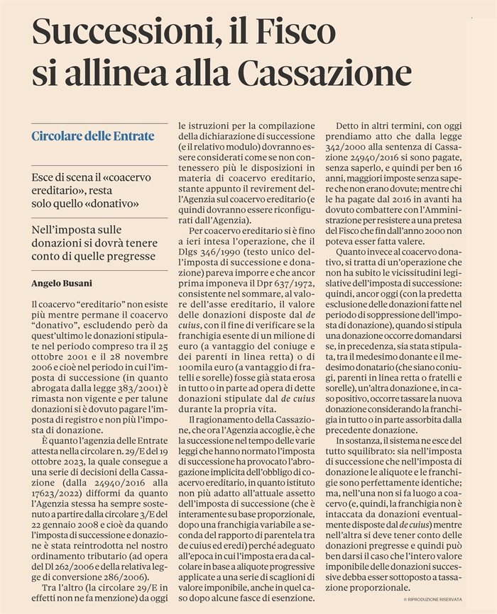 IMPOSTA DI SUCCESSIONE - Abolito il coacervo ereditario