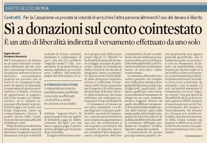 DONAZIONE INDIRETTA - Versamento su c/c cointestato