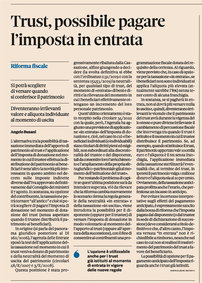 TRUST - Novità rilevanti con la riforma dell'imposta di donazione