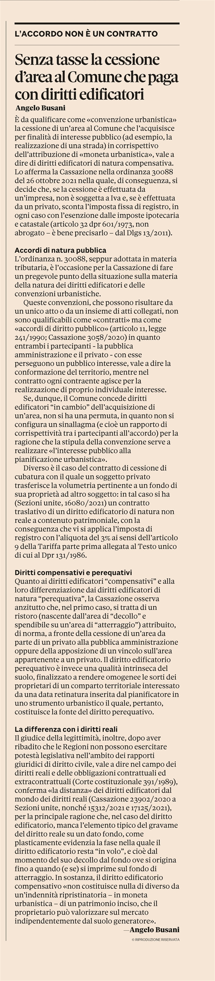 IMPOSTE - Cessione di area al Comune pagata con diritti edificatori