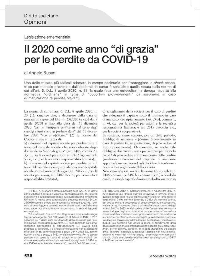 SOCIETA' - Perdite conseguite a causa dell'epidemia da COVID-19