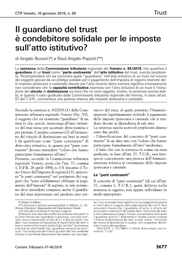 TRUST - Il guardiano come condebitore solidale delle imposte dovute per l'atto istitutivo