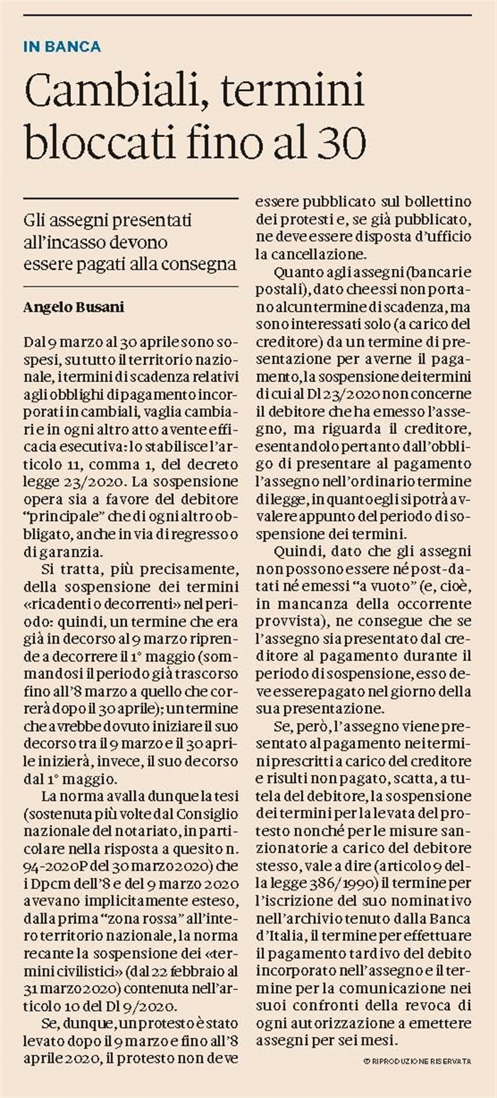 CAMBIALI - Termini di pagamento sospesi fino al 30 aprile