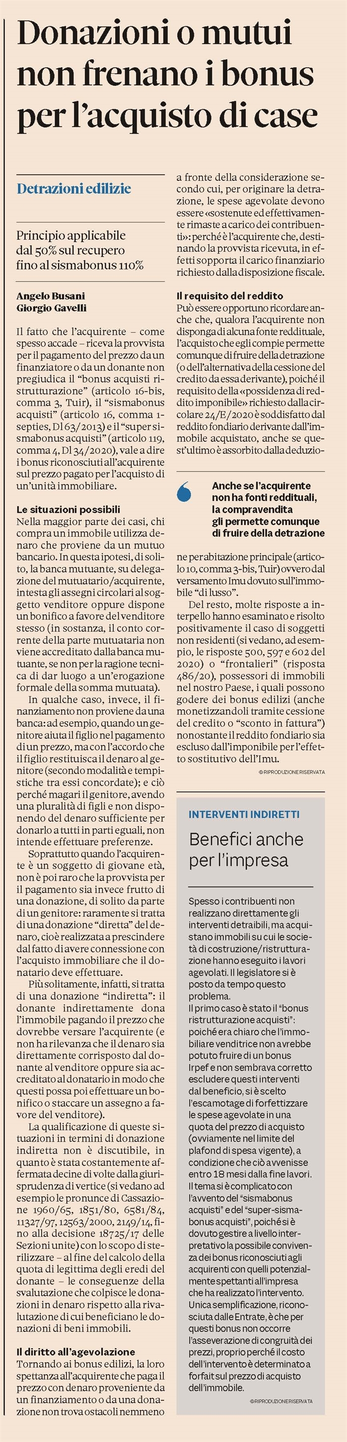 BONUS ACQUISTI - La donazione della provvista non pregiudica il beneficio fiscale