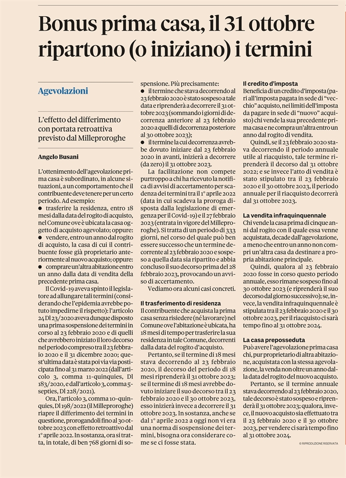 AGEVOLAZIONE 1a CASA - Termini sospesi fino al 31 ottobre 2023