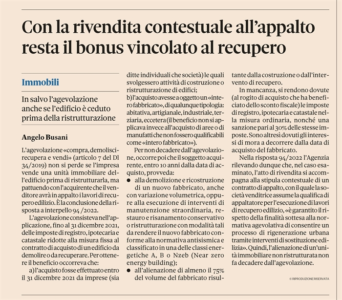 AGEVOLAZIONE COMPRA-RECUPERA-VENDI - Ok alla vendita prima dei lavori se c'è appalto