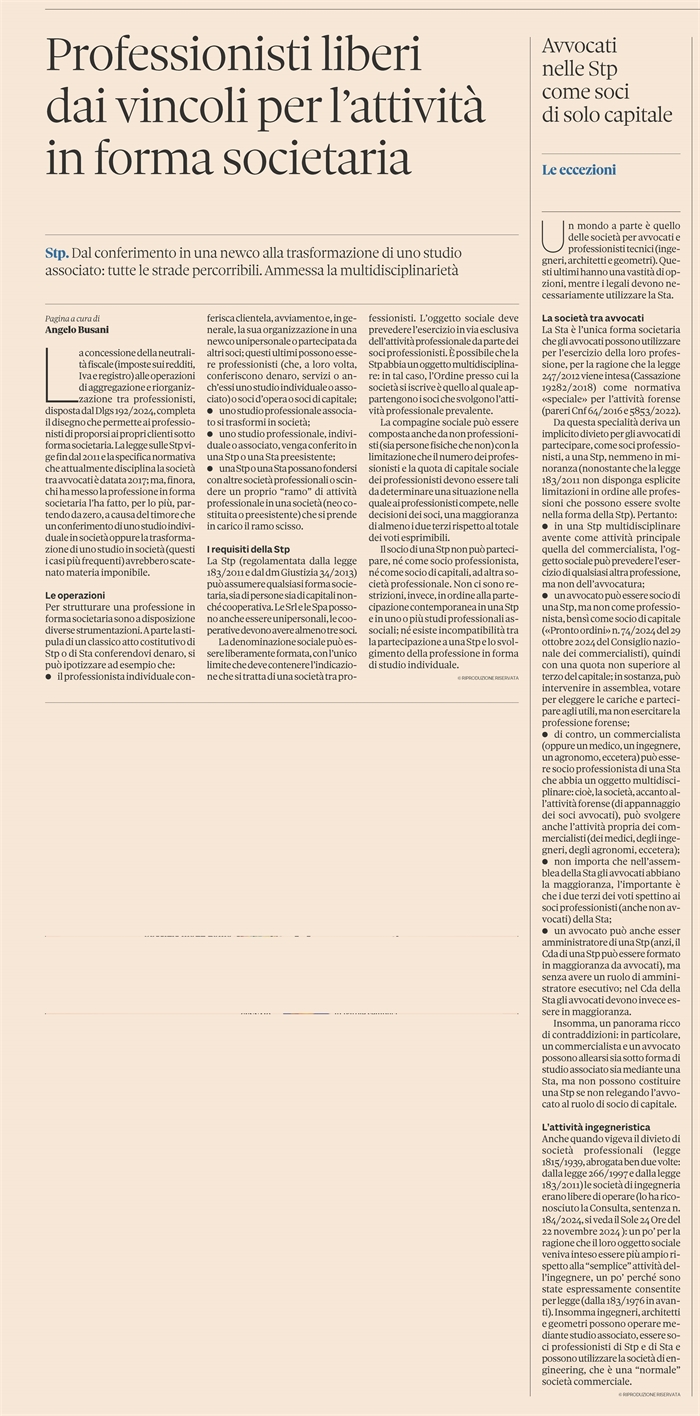 STUDI PROFESSIONALI - Via libera a conferimenti, trasformazioni, fusioni
