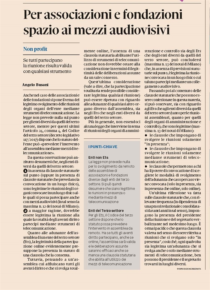 ENTI NON PROFIT - Assemblee e CdA in audio-video conferenza