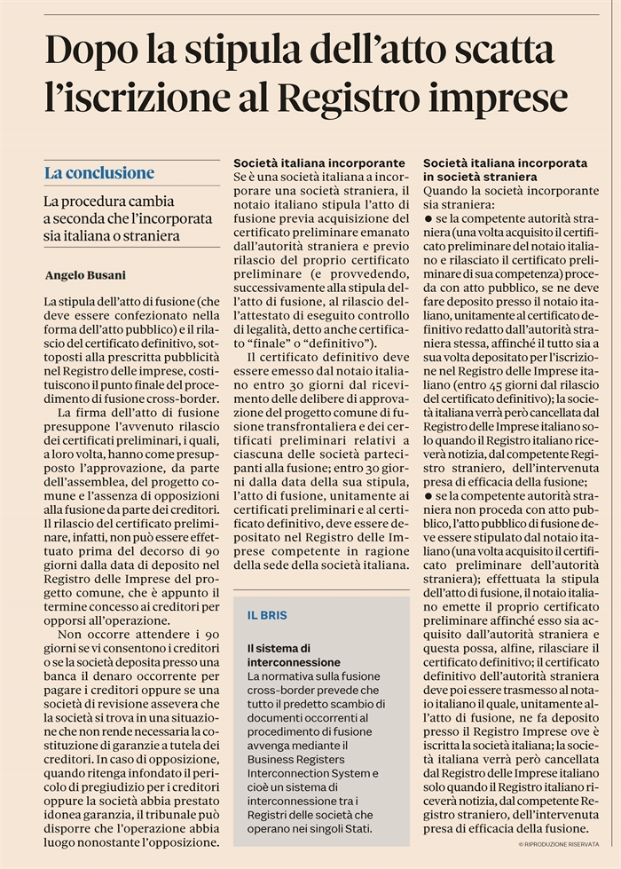 FUSIONE TRANSFRONTALIERA - La stipula dell'atto di fusione chiude l'iter