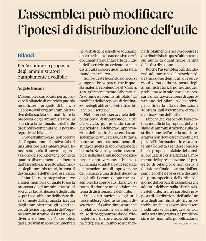 SOCIETA' - Potere dell'assemblea di modificare progetto di bilancio e destinazione dell'utile