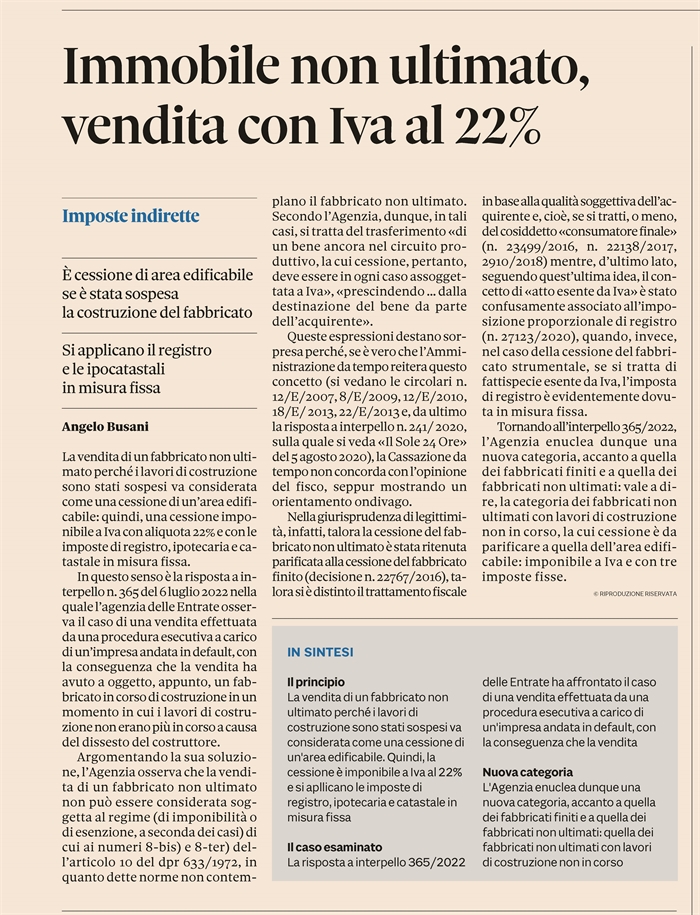 COMPRAVENDITA - Iva 22% se l'edificio è in costruzione