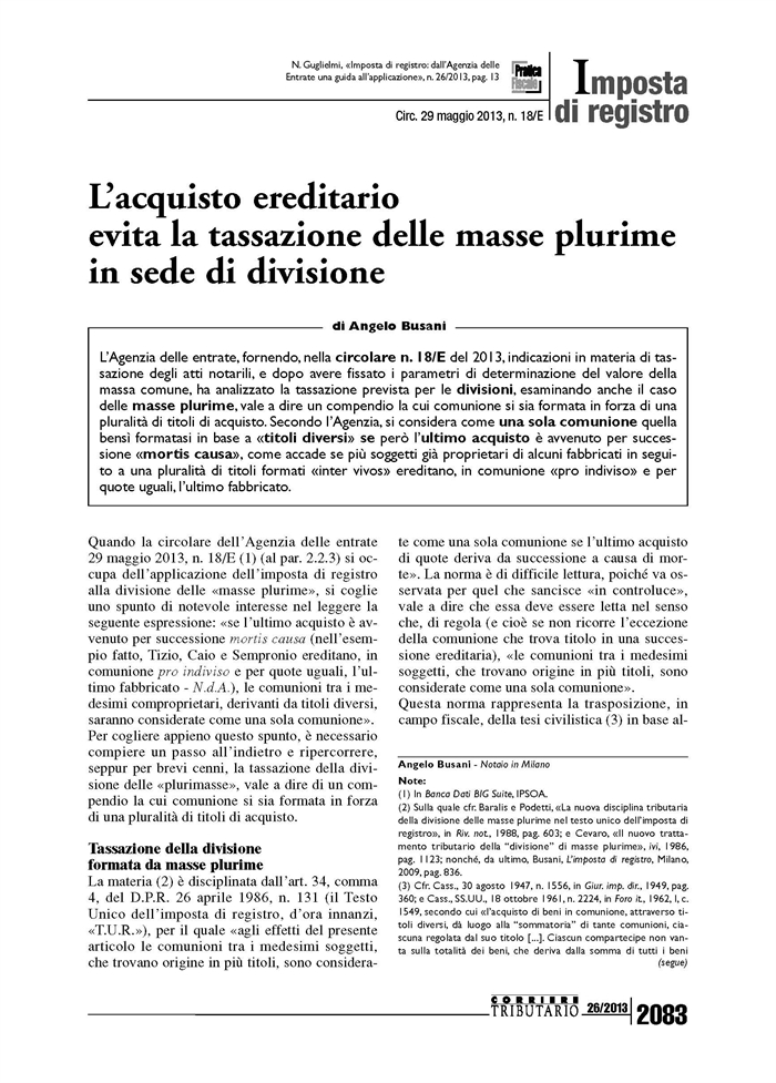 IMPOSTA DI REGISTRO - Divisione e masse plurime
