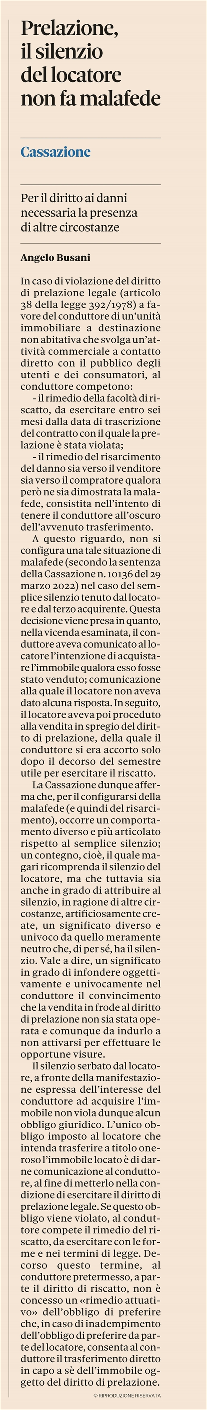 IMMOBILE A USO COMMERCIALE - Prelazione del conduttore