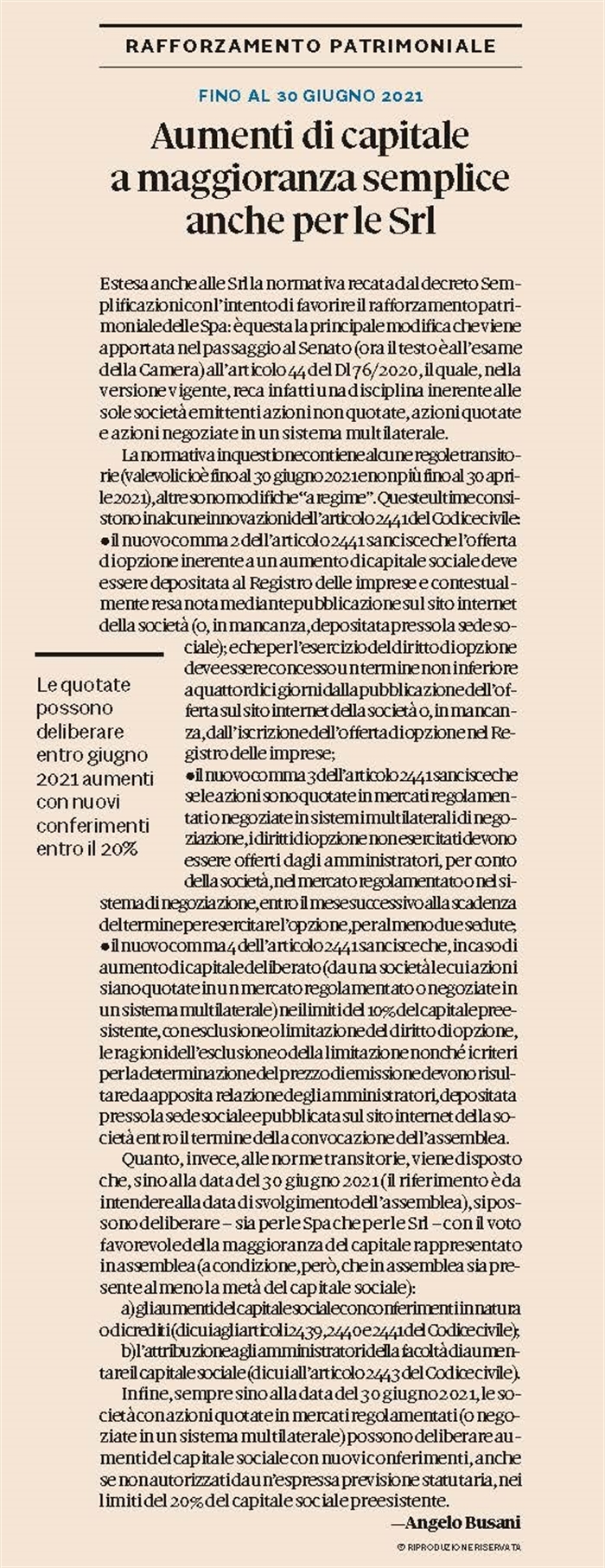 SOCIETA' - L'emergenza Covid facilita gli aumenti di capitale