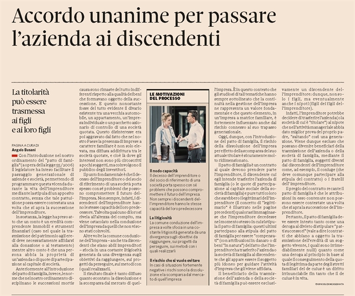 PATTO DI FAMIGLIA per il passaggio generazionale dell'impresa