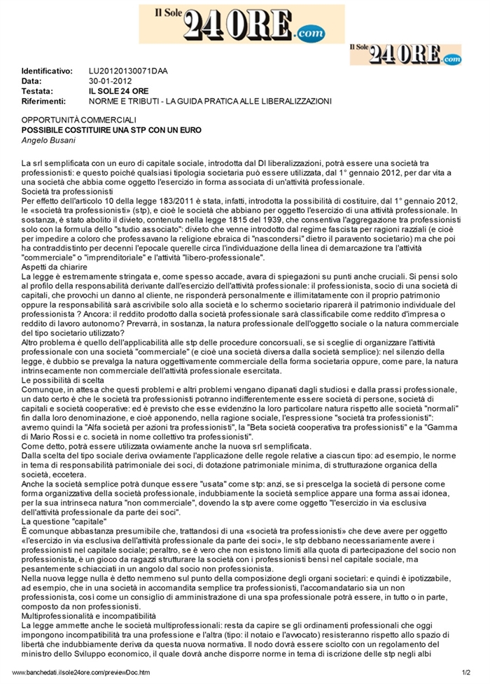 2012 01 30 POSSIBILE COSTITUIRE UNA STP CON UN EURO