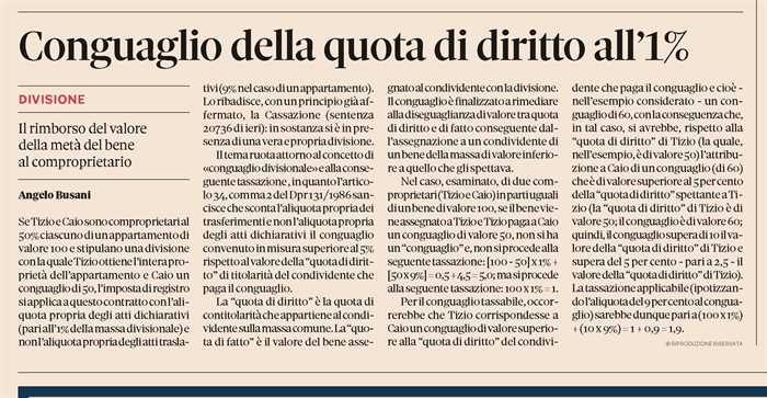 IMPOSTA DI REGISTRO - La tassazione della divisione con conguaglio