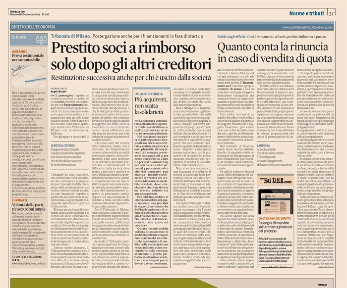 SOCIETA' - Finanziamento soci - postergazione