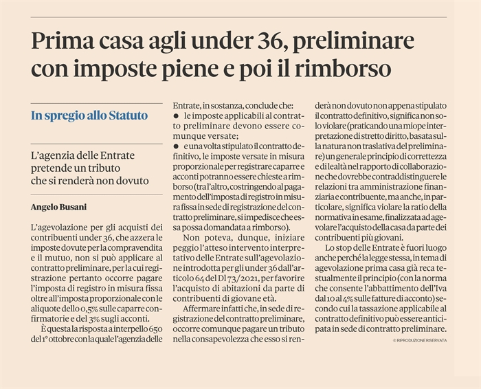 AGEVOLAZIONE 1a CASA UNDER 36 - No al beneficio per il contratto preliminare
