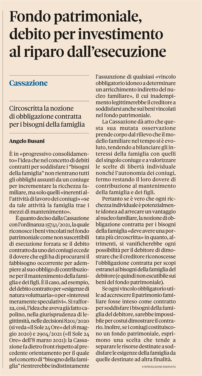 FONDO PATRIMONIALE - Per quali debiti scatta la protezione
