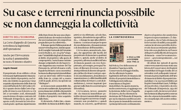 RINUNCIA ALLA PROPRIETA' - Per la Corte d'Appello di Genova è un atto legittimo