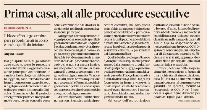 PRIMA CASA - Sospese le procedure esecutive fino al 1° ottobre 2020