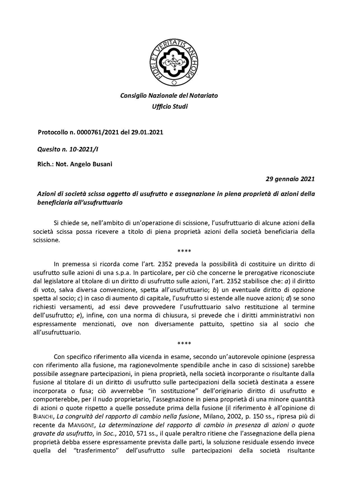 SOCIETA' - SCISSIONE - L'usufruttuario della scissa non diventa socio della beneficiaria