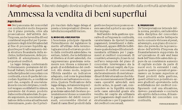 SOCIETA' - Concordato preventivo - Vendita dei beni superflui