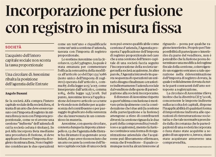 IMPOSTA DI REGISTRO - Imposta fissa per la cessione dell'intero capitale sociale