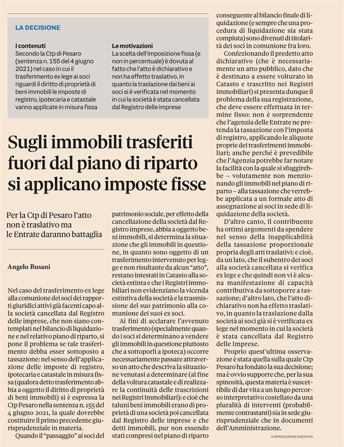 SOCIETA' CANCELLATA - Tassazione del trasferimento ex lege ai soci