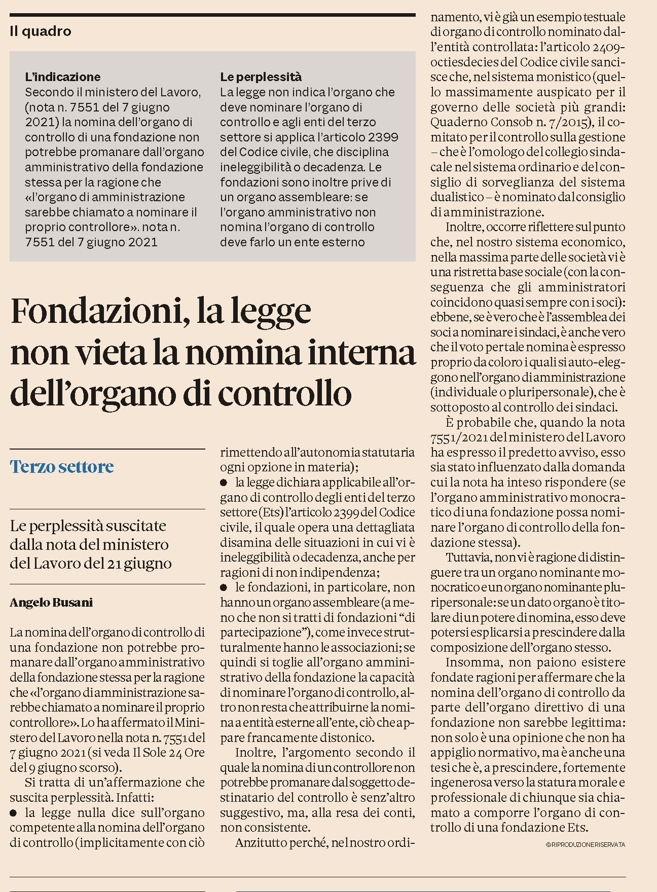 FONDAZIONI Nomina di controllo