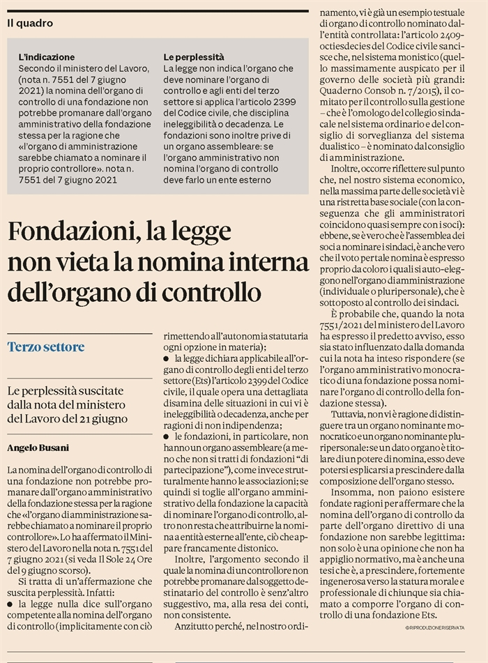 FONDAZIONI - Nomina dell'organo di controllo