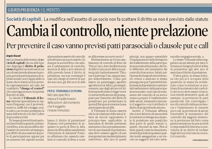 SOCIETA' - Clausola di prelazione e change of control