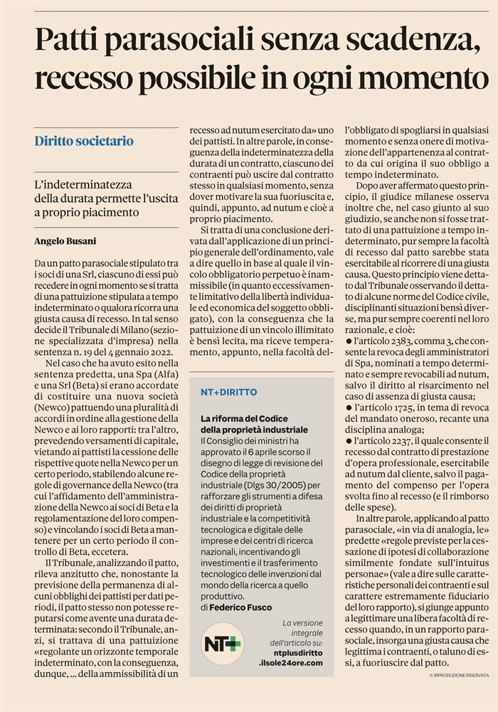 SOCIETA' - Recesso dal patto parasociale di Srl a tempo indeterminato (pagina)