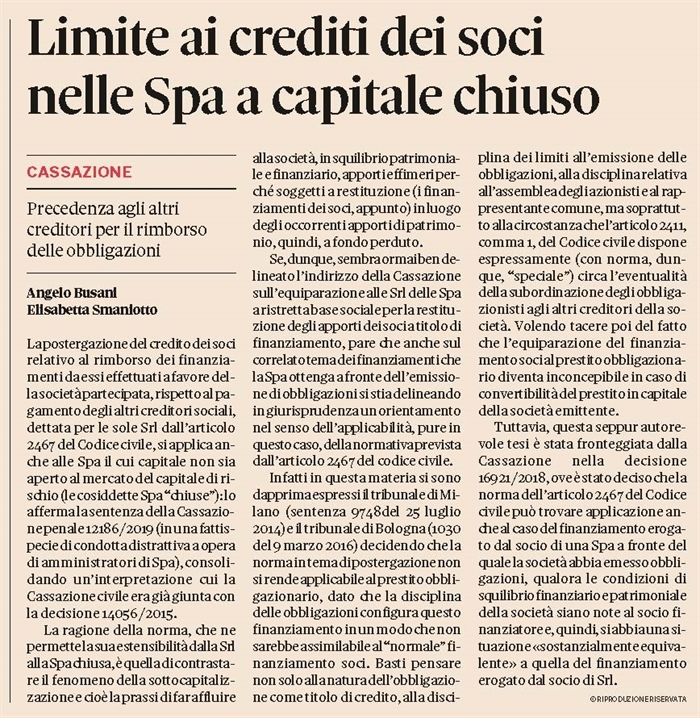 SOCIETA' - Applicabili alla Spa le norme sul finanziamento soci alla Srl